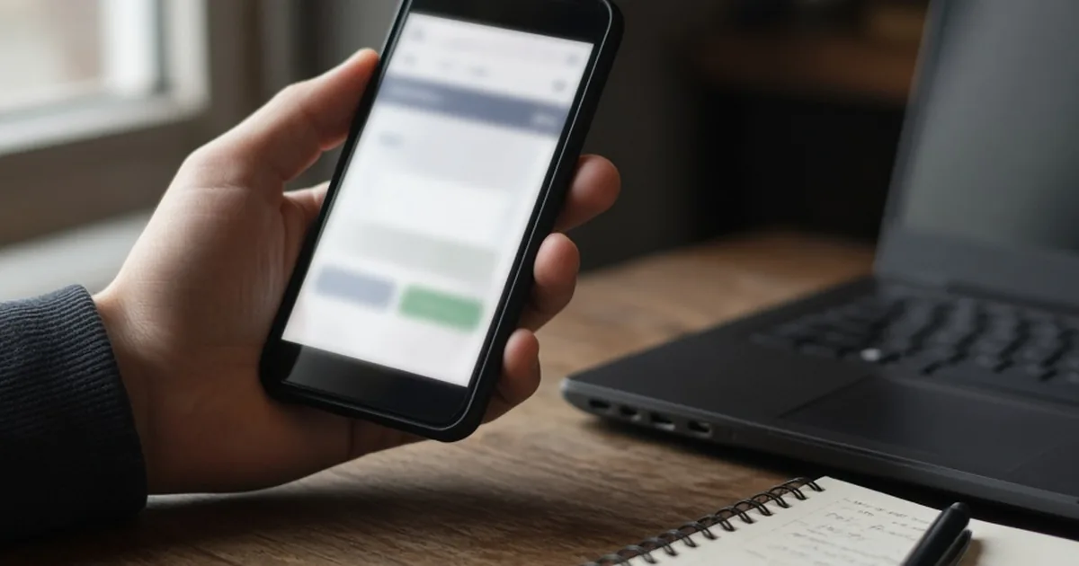 Hand checking a phone beside a laptop and notebook