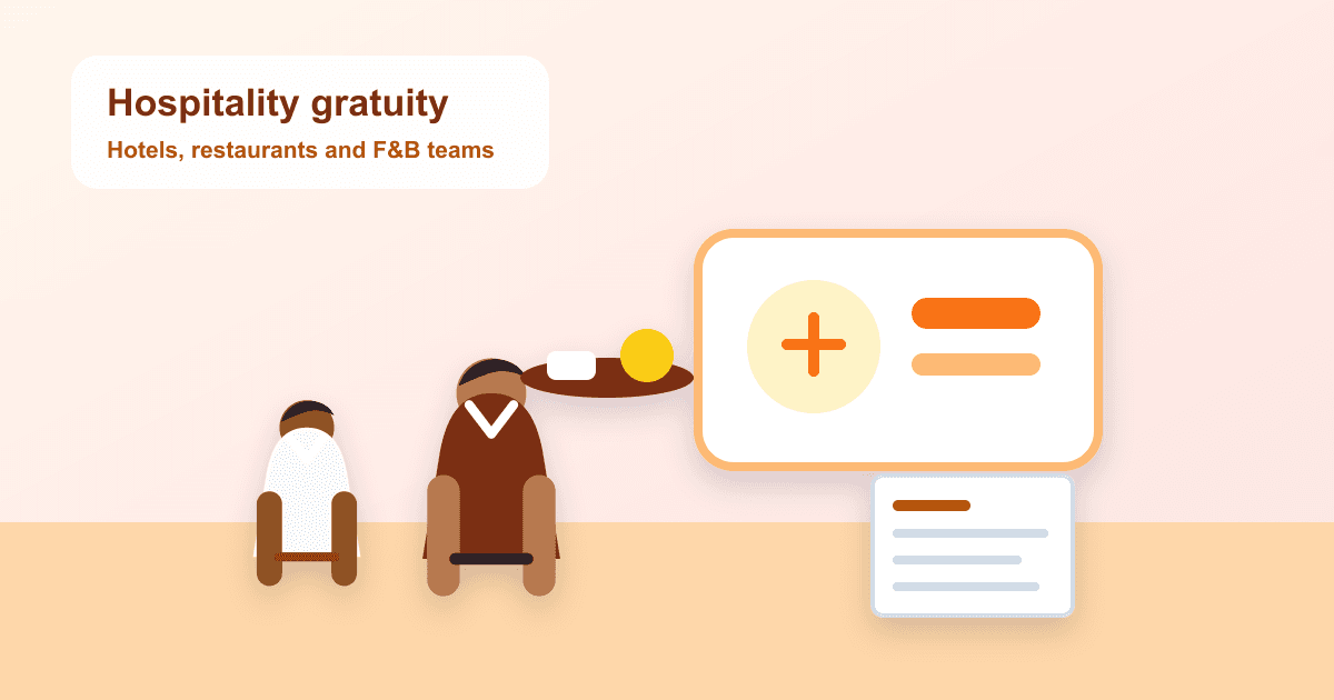 UAE hospitality workers in a hotel or restaurant scene with gratuity documents