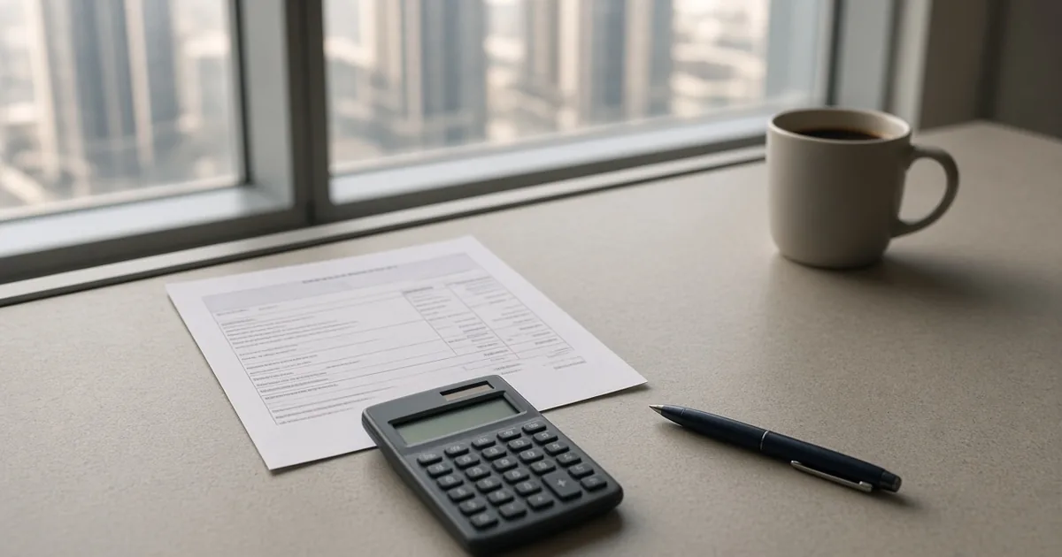 How to Calculate UAE Gratuity Step by Step (2026) Settlement form, calculator and pen on a desk beside a window