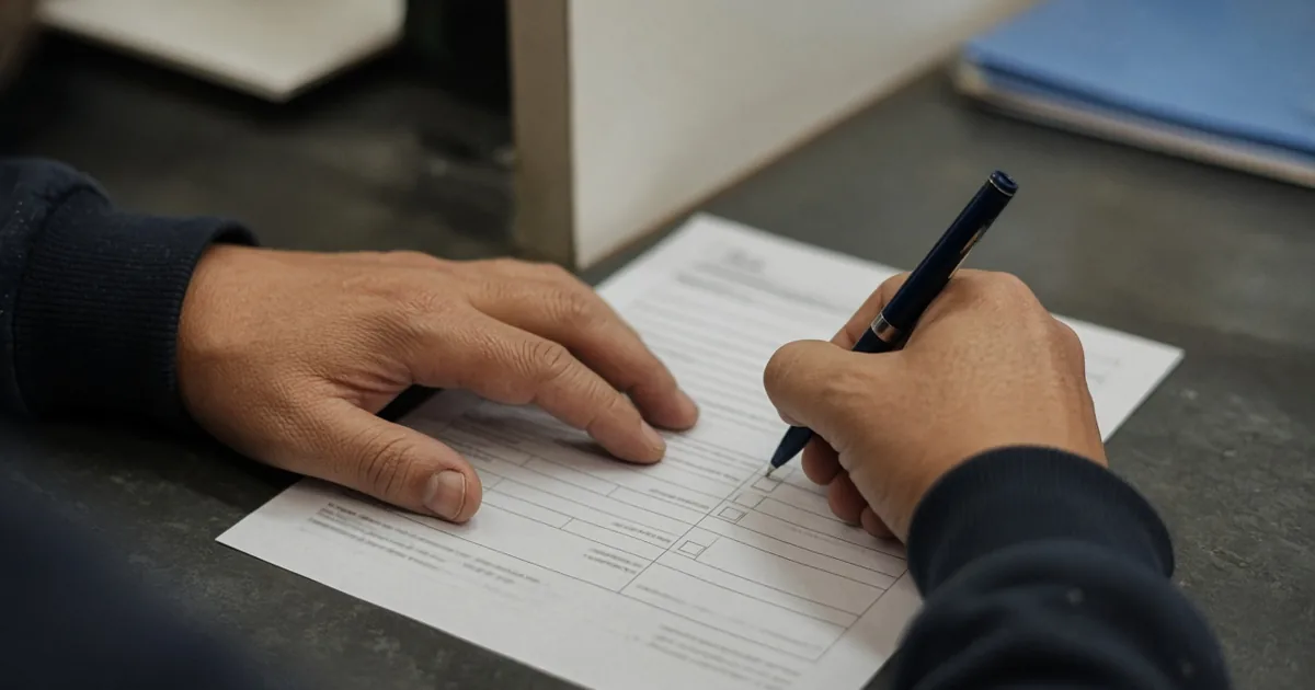How to File a MOHRE Complaint for Unpaid Gratuity Hands filling in a complaint form on a desk with a pen