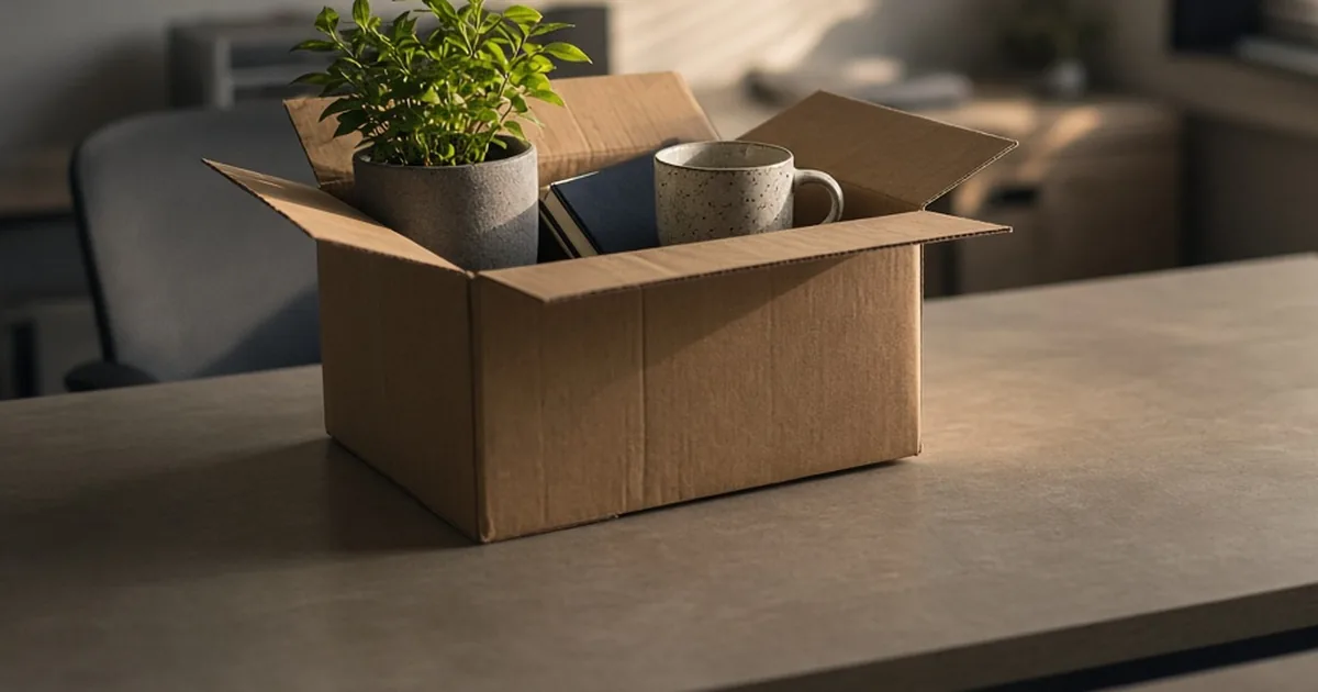 Can Notice Period Deductions Reduce UAE Gratuity? Packed cardboard box on a desk at the end of notice