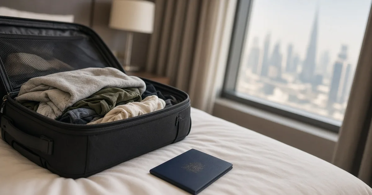 UAE Annual Leave Rules and Unused Leave Pay Open suitcase and passport on a bed with a city view