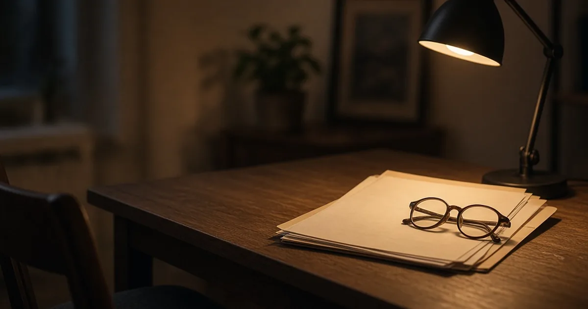 UAE Alternative End of Service Benefits Savings Scheme Desk lamp, notebook and glasses on a dark wooden desk