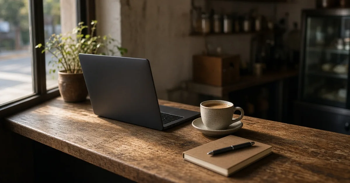 UAE Gratuity for Part Time Workers 2026 Laptop, notebook and coffee cup on a wooden desk by a window
