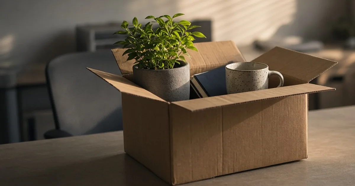 UAE Gratuity Resignation vs Termination 2026 Office plant and cardboard box on a desk