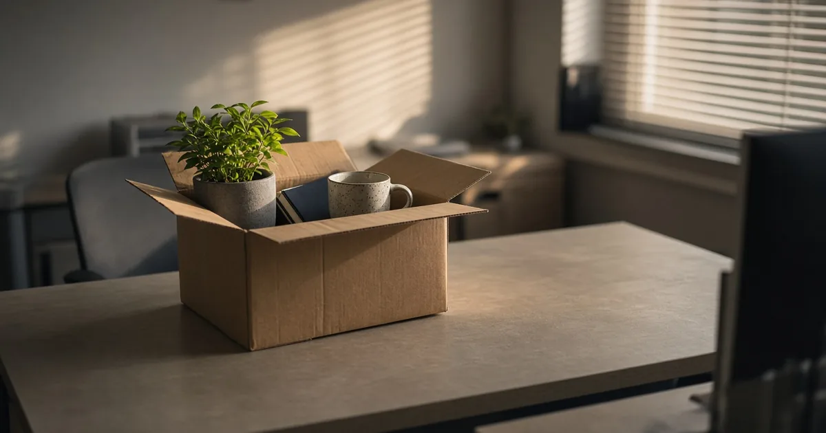 Terminated in the UAE? Notice, Pay and Gratuity Cardboard box with a plant and mug on an office desk after a job ends