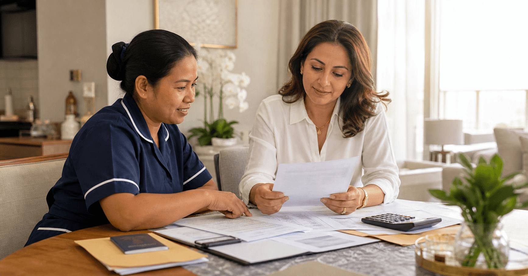 UAE Gratuity for Domestic Workers 2026 UAE domestic worker reviewing employment contract wage records and gratuity final settlement papers