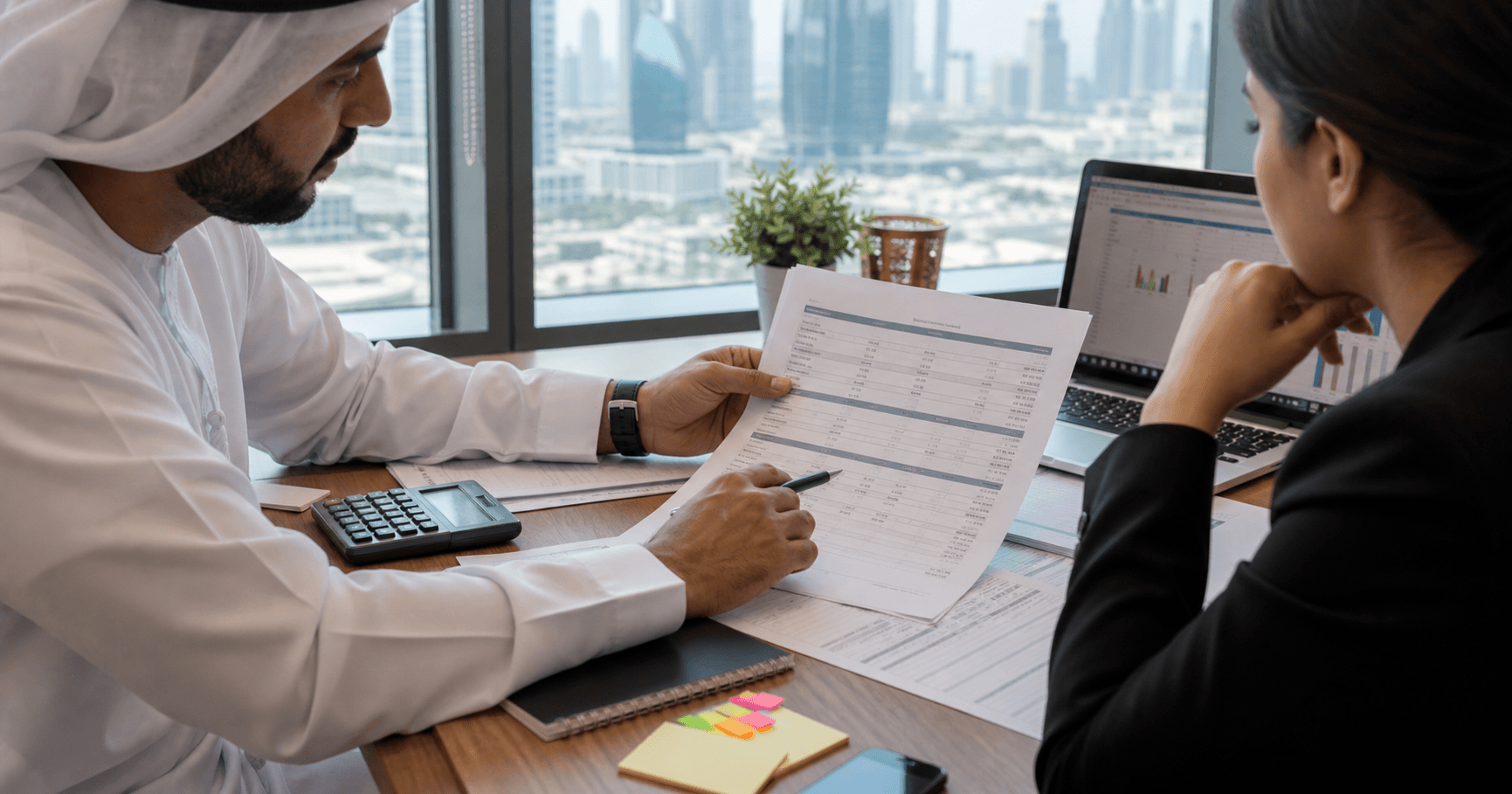 How to Read Your UAE Final Settlement Sheet UAE employee and payroll specialist reviewing a final settlement sheet with calculator and payslips