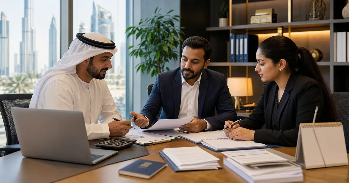 UAE Gratuity Blog Cover Image UAE employees and an HR advisor reviewing gratuity, final settlement, and end of service benefit documents