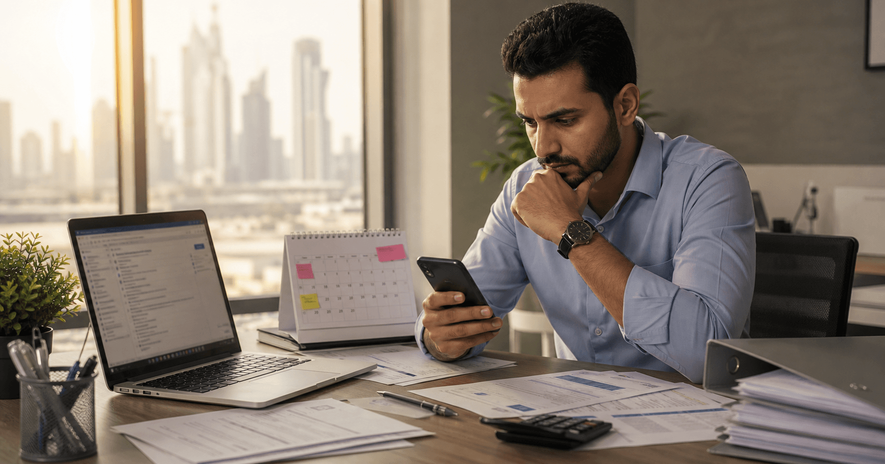 Can Your Employer Delay UAE Gratuity? UAE employee documenting delayed gratuity payment with settlement papers calendar and laptop
