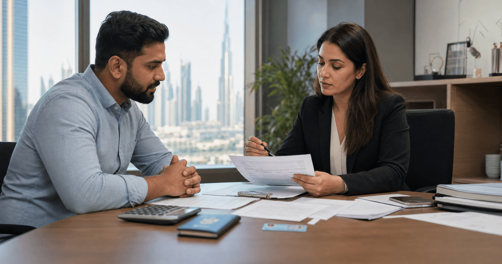 UAE Gratuity When Visa is Cancelled 2026 UAE expatriate employee reviewing visa cancellation and gratuity final settlement documents with HR